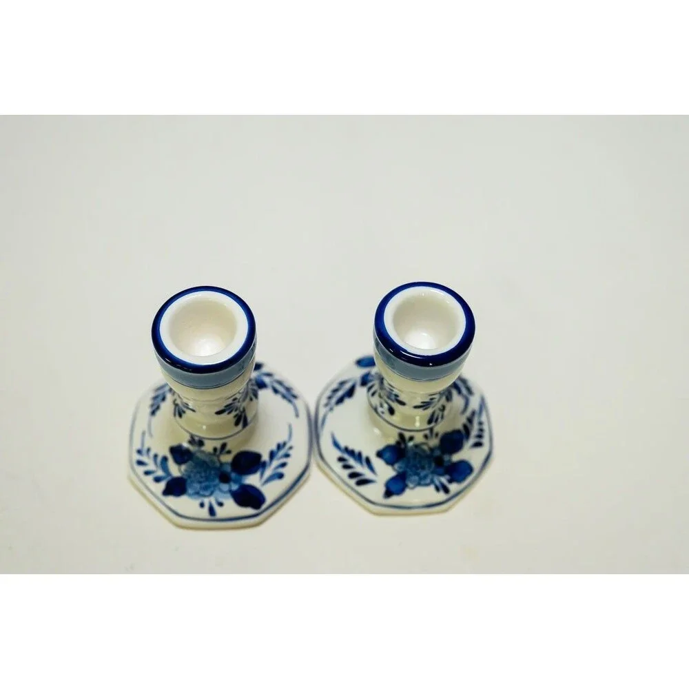 Holland Hand Painted Candle Stick Holders candlestick White Blue Floral
